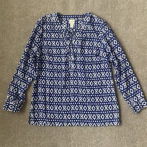 Chico's Shirt Womens 0 (Small) Blue White Blouse Semi-Sheer V-Neck Lace Up